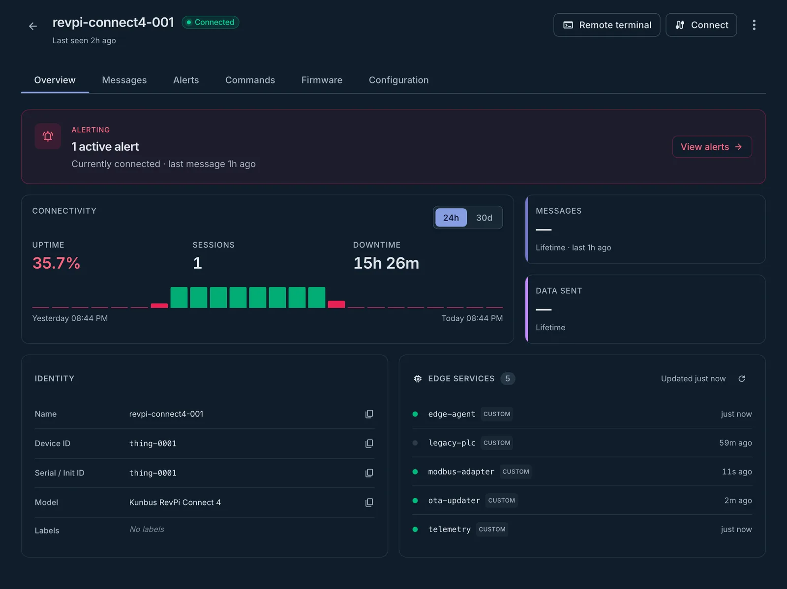 Connhex device detail page showing connection, firmware and configuration information