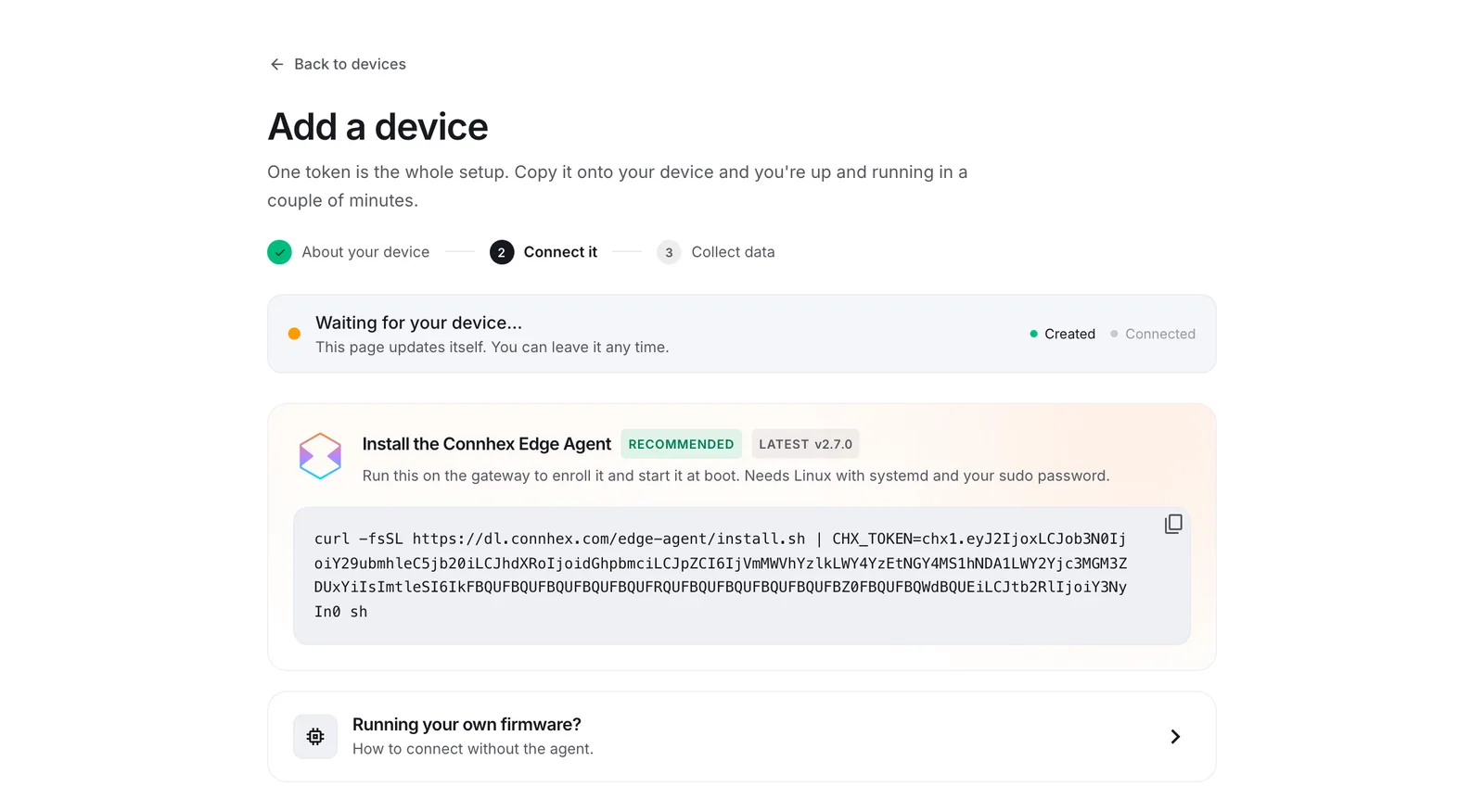 The token and install command for a new device.