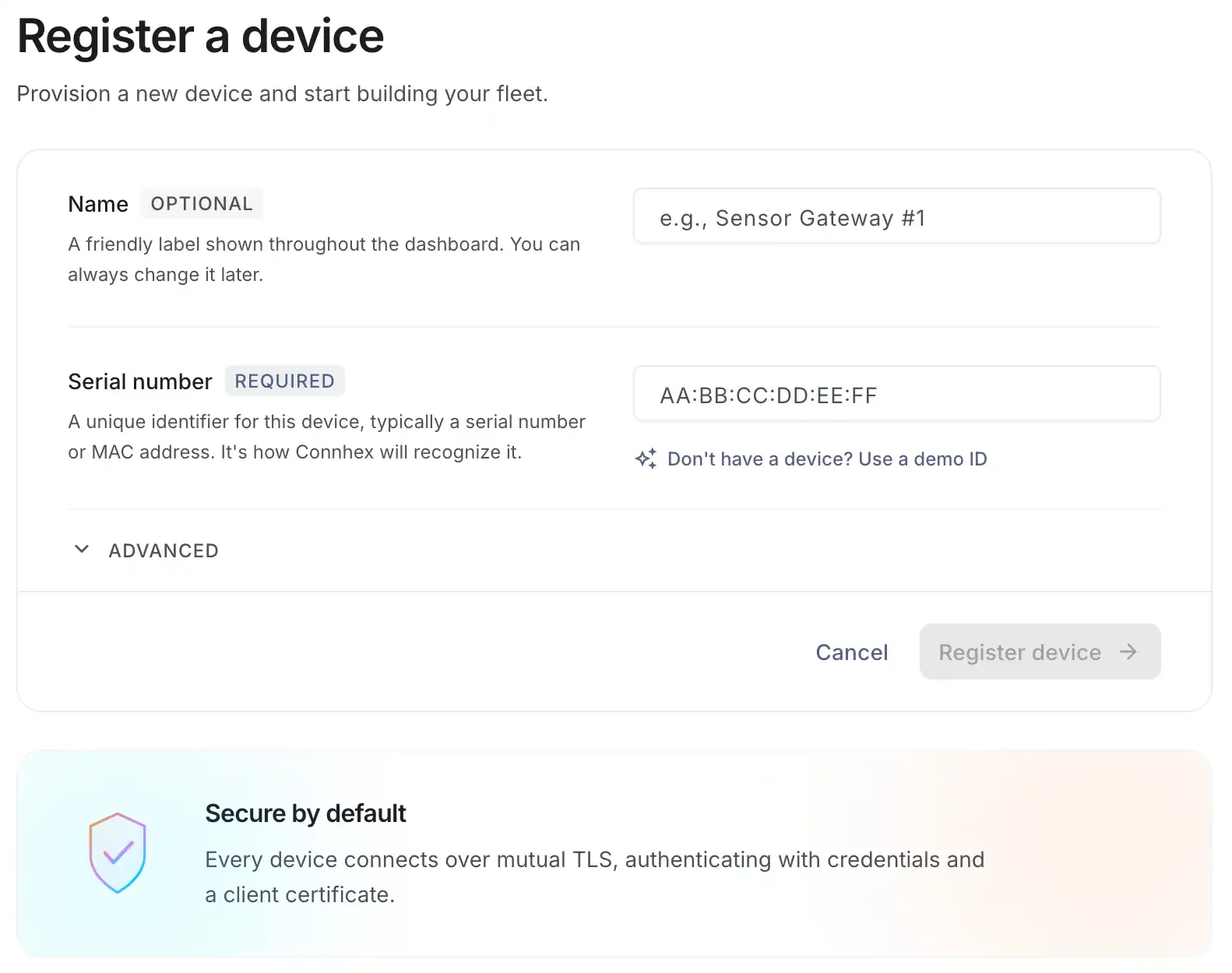 Registering a device from the Connhex Dashboard.